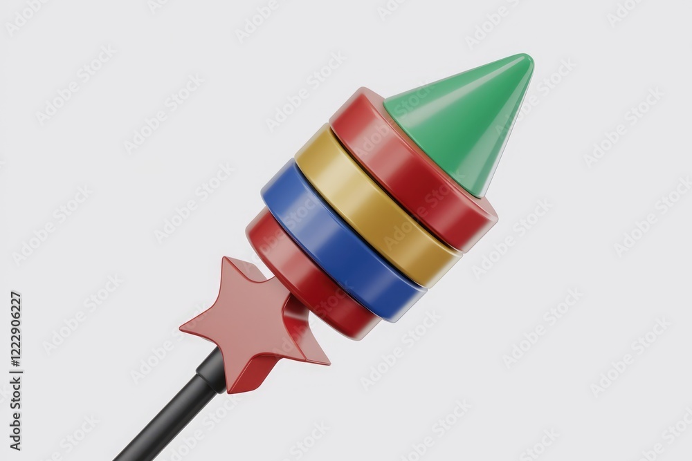 Poster a 3d rendered image of a colorful toy rocket with a star on a stick.