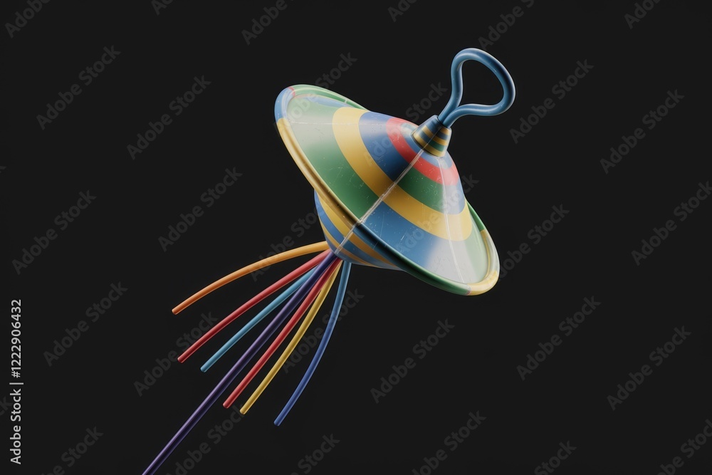 Poster a colorful vintage spinning top with a handle and multiple colorful streamers.