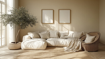 Fototapeta premium Living room interior with beige walls, large sofa, framed paintings on the wall above the sofa