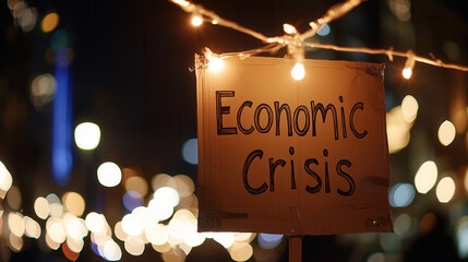 cardboard sign reading Economic Crisis is illuminated by string lights, set against blurred city night background, evoking urgency and concern