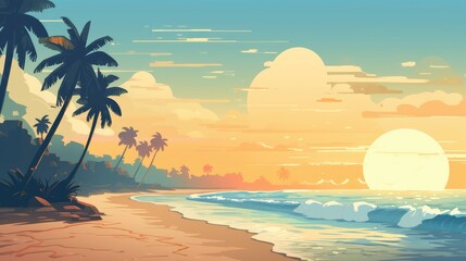 Obraz premium tropical palm beach by the ocean summer holiday illustration