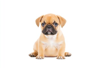 Adorable fawn pug puppy sitting on a white background, showcasing its playful demeanor and charm