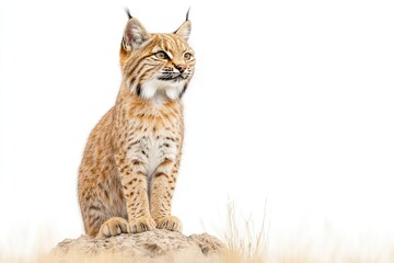 A majestic lynx perched on a rock in a serene landscape, showcasing its striking features against a soft background