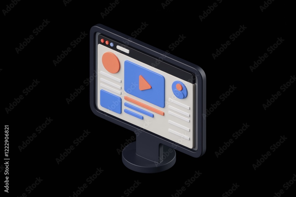 Aufkleber isometric 3d render of a computer screen displaying a video and other website elements.
