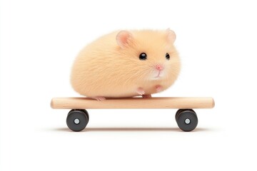 Cute fluffy hamster skateboarding on a small wooden board, isolated on white background, perfect for pet-themed content