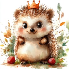 Adorable hedgehog wearing a crown, surrounded by colorful foliage and berries in a whimsical garden setting