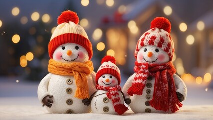 A charming winter scene featuring three snowmen,