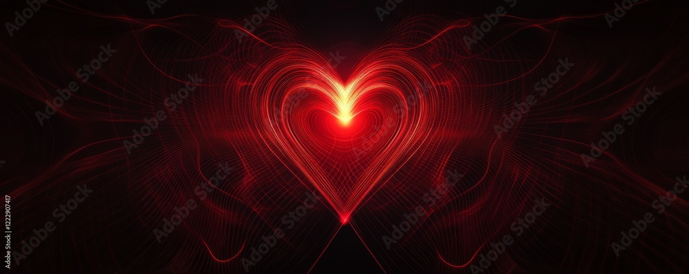 Poster minimalistic red heartbeat pattern with a glowing heart at its center on a black background, abstrac