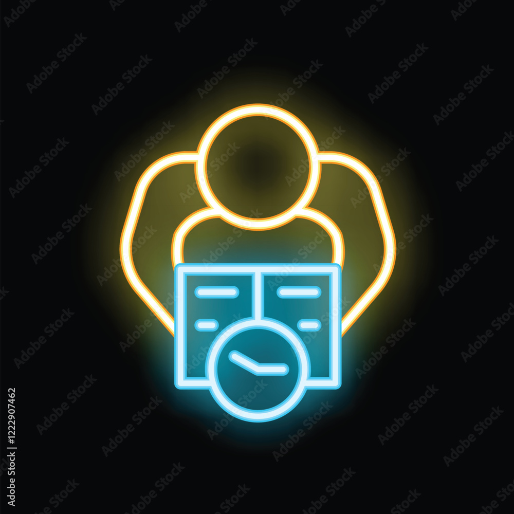 Poster neon sign depicting a person engrossed in a book, accompanied by a clock, symbolizing the efficient 
