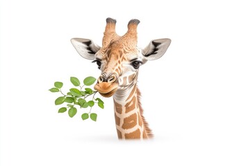 A close-up of a giraffe munching on fresh leaves against a clean white background, ideal for wildlife themes