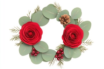 A festive wreath adorned with red roses, green eucalyptus leaves, and a pinecone, perfect for holiday decor