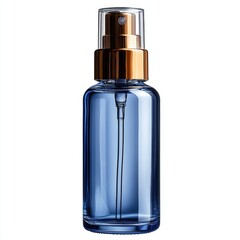 Elegant blue glass spray bottle with a golden pump, showcasing beauty product in a minimalist setting
