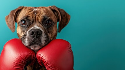 A charming dog with boxing gloves strikes a pose against an aqua background, showcasing a mix of humor and charm, perfect for dog lovers and sports enthusiasts alike.