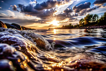 Sunset over calm lake water with rocks and waves.