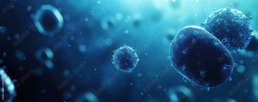 Poster microscopic perspective of viruses in blue, sleek banner background with clear space for information