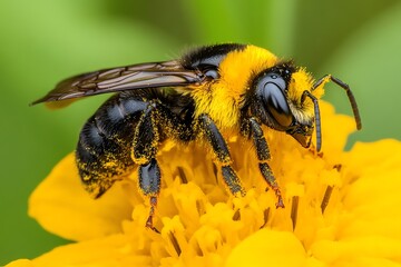 A close-up of a vibrant bee collecting pollen from a bright yellow flower.