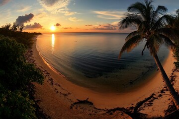 Fototapeta premium Tropical Sunrise Vista, expansive beach scene at dawn, vibrant colors, gentle waves, and serene atmosphere inviting tranquility and reflection.