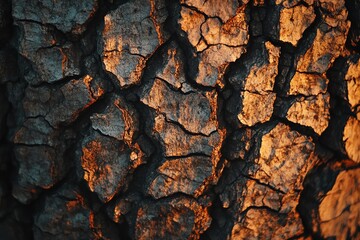 A close-up shot of cracked tree bark illuminated by warm sunlight, showcasing nature's beauty.