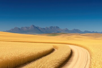 Fototapeta premium Golden wheat fields with mountain landscape clear blue sky