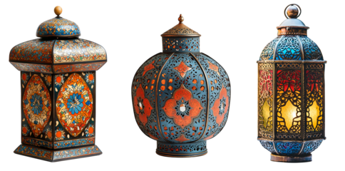 Intricate Moroccan style lanterns with colorful patterns and detailed metalwork