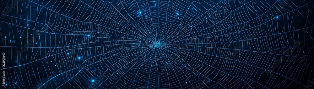 Poster a close-up view of a spider web with a glowing blue background, highlighting its structure.