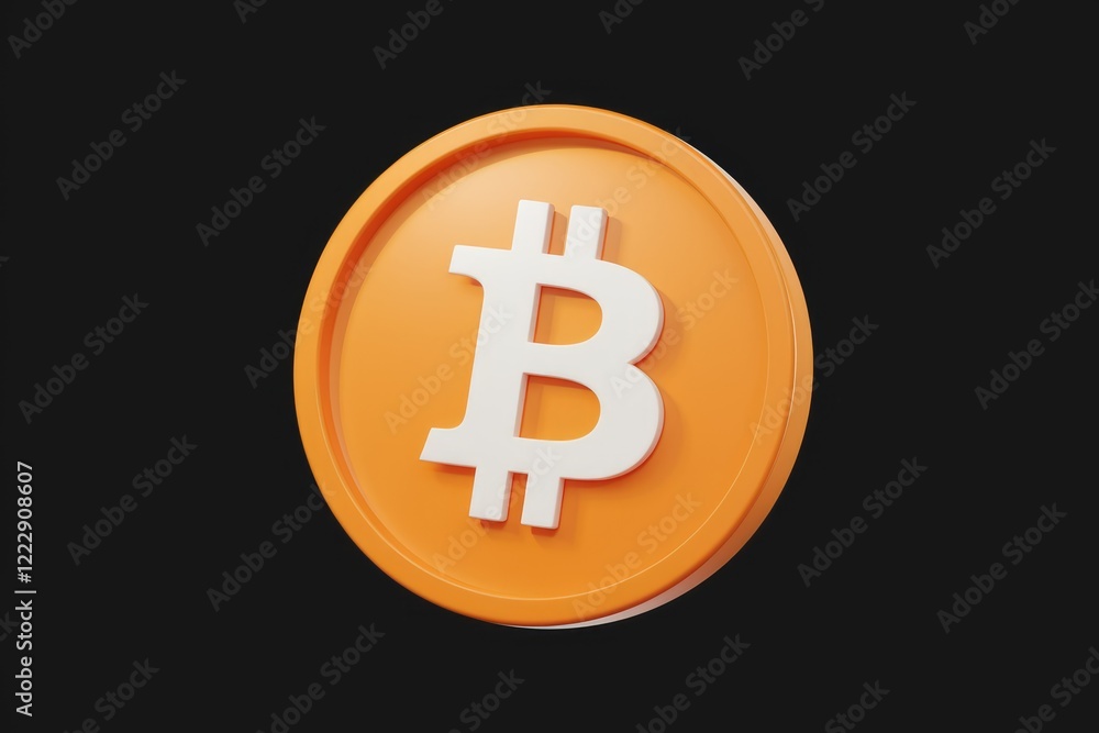 Poster 3d rendering of an orange bitcoin coin with a white bitcoin symbol.