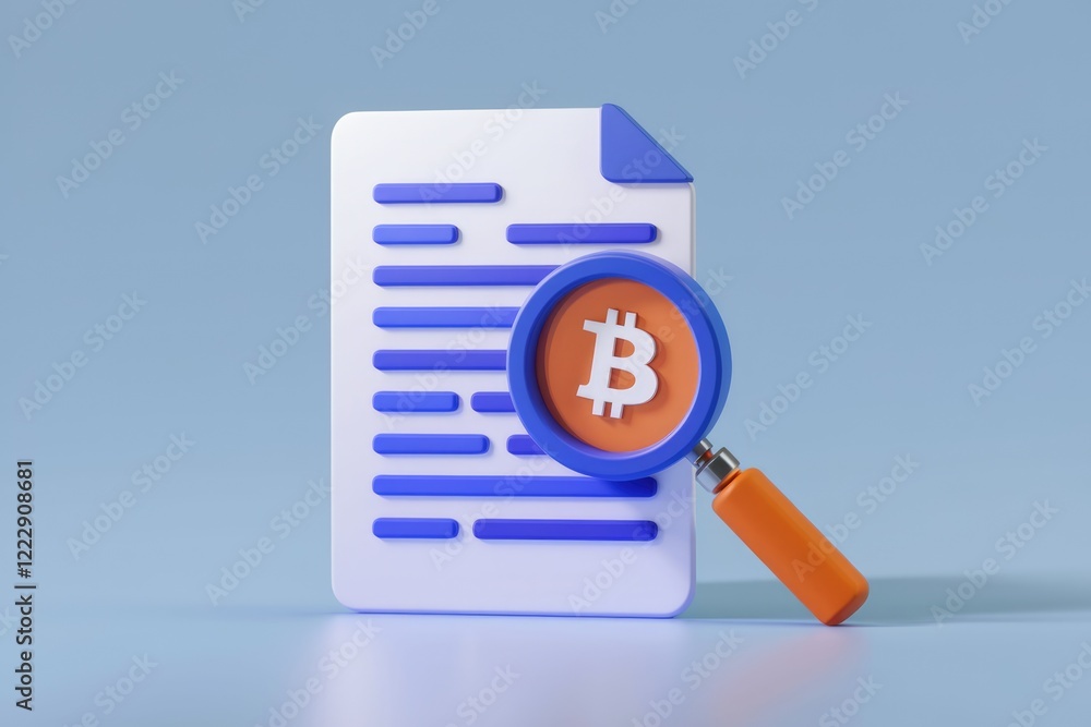 Poster a magnifying glass with a bitcoin symbol focuses on a document, symbolizing cryptocurrency data anal