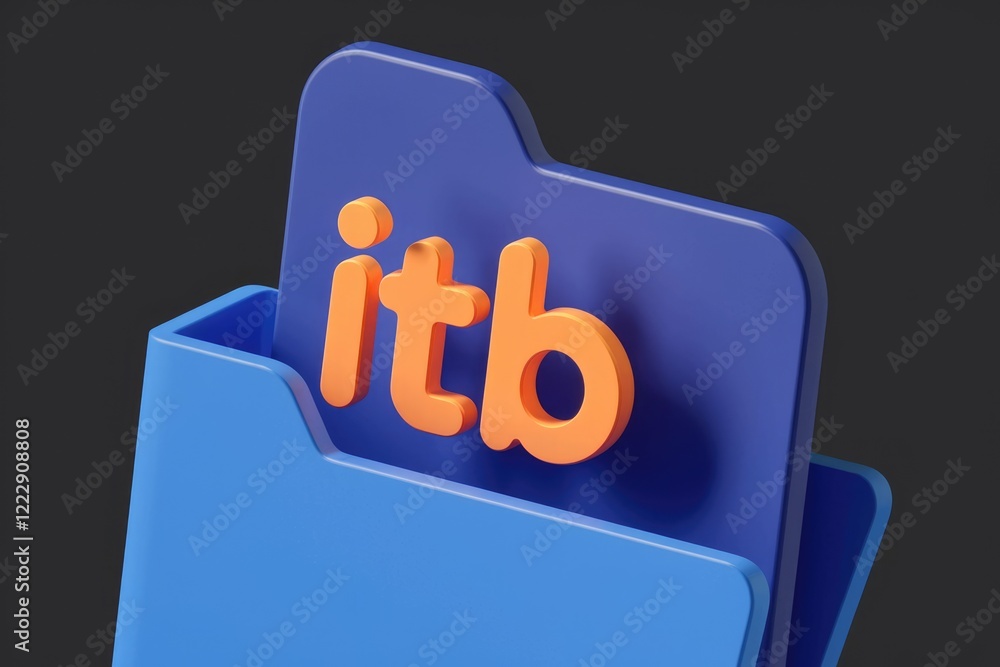 Poster 3d rendering of a blue folder with the letters itb in orange, symbolizing data storage or informatio