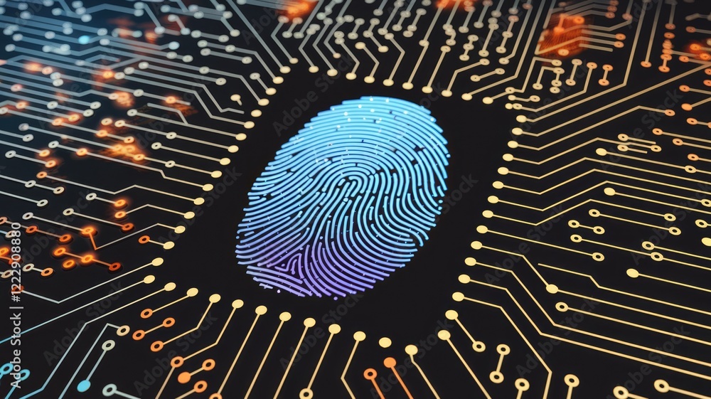Poster a glowing fingerprint on a circuit board symbolizes digital security and biometric authentication.