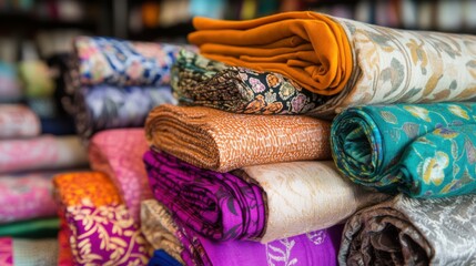 vibrant market with colorful fabrics and textiles, inviting and lively atmosphere, perfect for illustrating cultural diversity