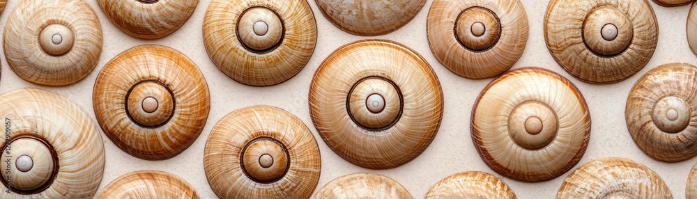 Poster a close-up view of various seashells showcasing intricate patterns and textures.