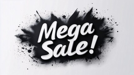Bold "Mega Sale!" text in white with dramatic black ink splatter on a clean white background. Ideal for edgy and impactful promotions.