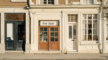 Obraz premium closed storefront with For Sale sign, surrounded by neighboring shops on quiet street, evokes sense of economic uncertainty