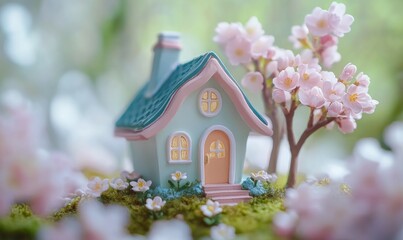mini toy house and cherry flowers. house on spring nature background. concept of mortgage, construction, rental, using as family