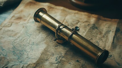A brass telescope rests on an old map.