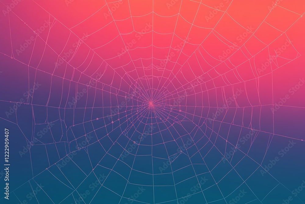 Poster a colorful and abstract representation of a spider web on a gradient background.