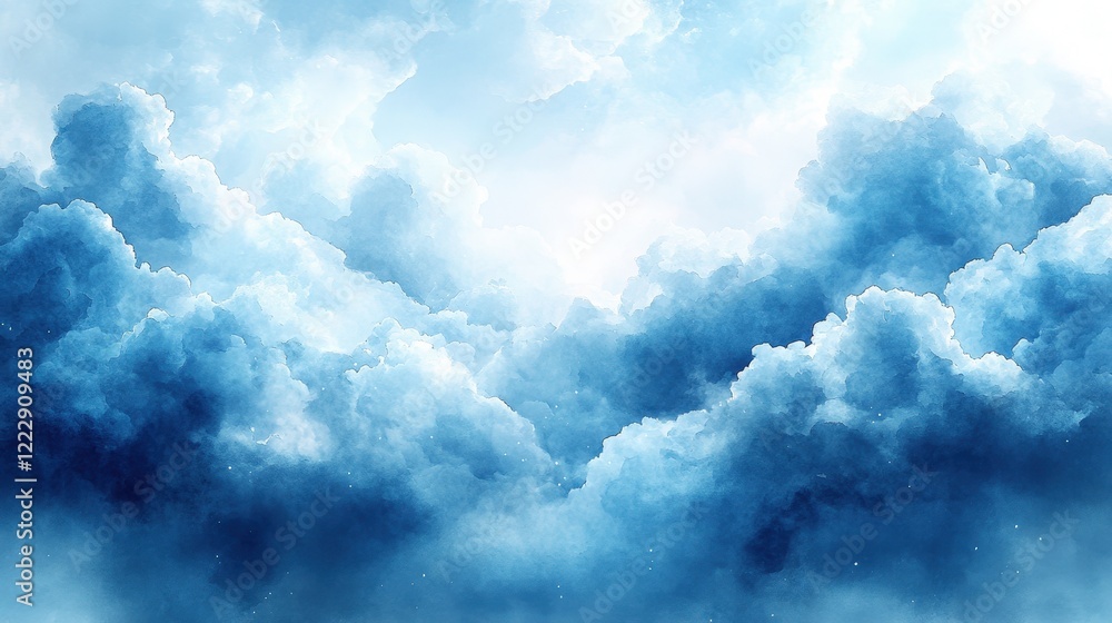 Poster serene abstract watercolor background with soft blue clouds and textured elements for artistic proje