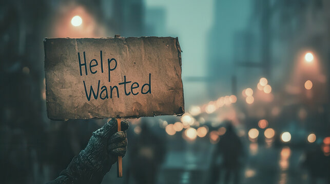 distressed hand holds Help Wanted sign on foggy urban street, evoking sense of economic hardship and urgency