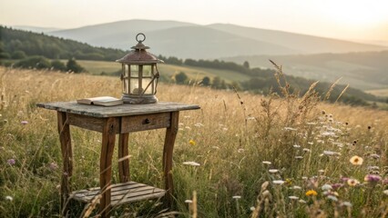 Rustic Lamp Table in Serene Meadow Landscape Photography