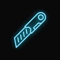 Blue neon sign utility knife icon glowing against a black background