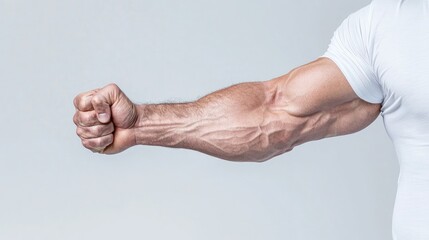 Fototapeta premium Muscular arm, clenched fist, studio shot, grey background, fitness