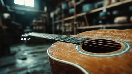 This vintage acoustic guitar rests in a rustic workshop, showcasing its weathered texture and the surrounding atmosphere filled with tools and materials related to music making.