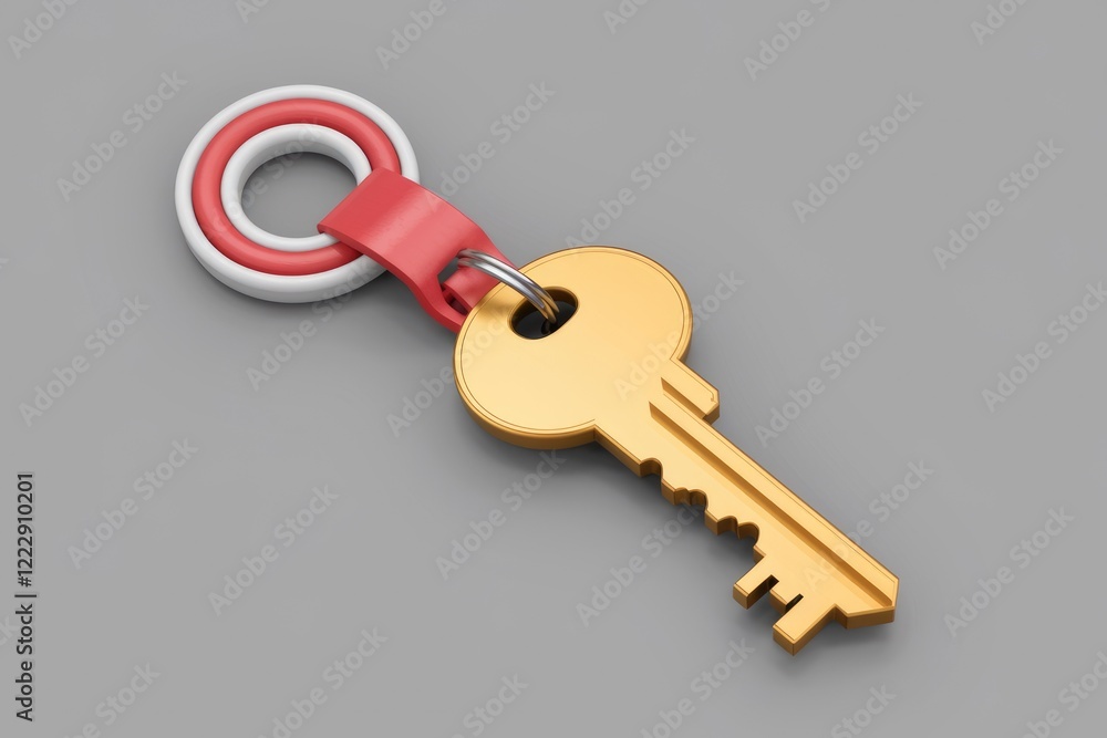 Poster a golden key with a red and white ring keychain, symbolizing access and security.