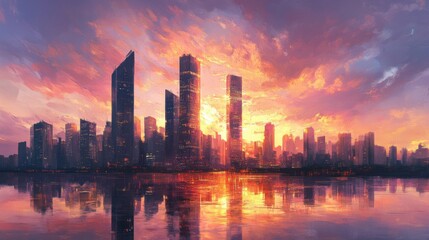 Fototapeta premium modern skyline with tall towers, golden hour colors filling sky, reflections on river below, peaceful and serene cityscape, warm atmosphere