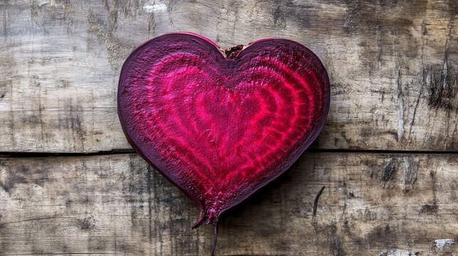 Close-up of a heart shaped beetroot slice placed on a rustic wooden background. Ideal for health, food