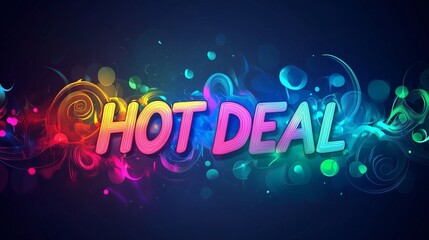 Creative "Hot Deal" text with colorful swirls and glowing effects on a dark background. Great for modern promotions or digital advertising.