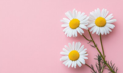 Minimal styled concept. White daisy chamomile flowers on pale pink background.