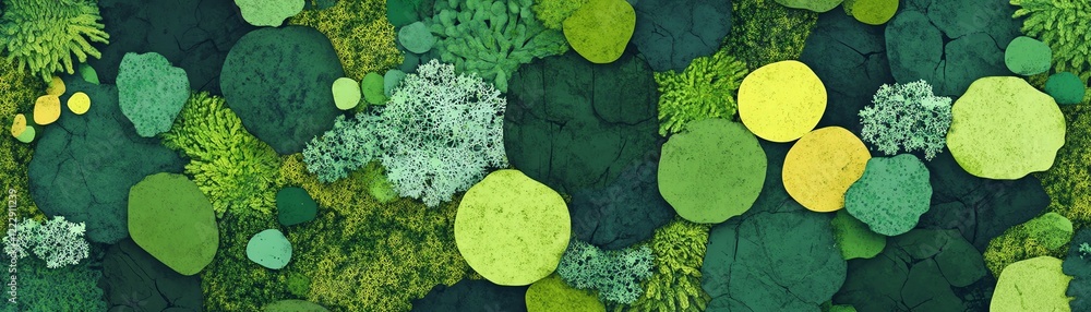 Poster a vibrant and textured pattern of various green shades and circular shapes.