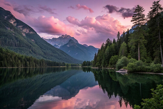Serene mountain lake reflecting sunset colors.