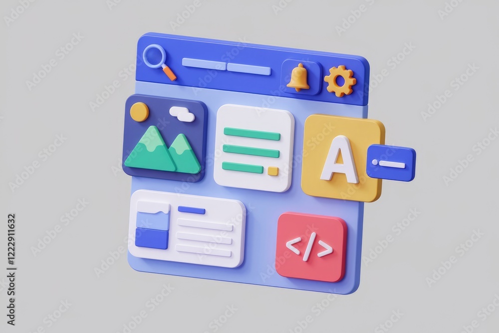 Poster 3d illustration of a website interface with various elements like images, text, and code.